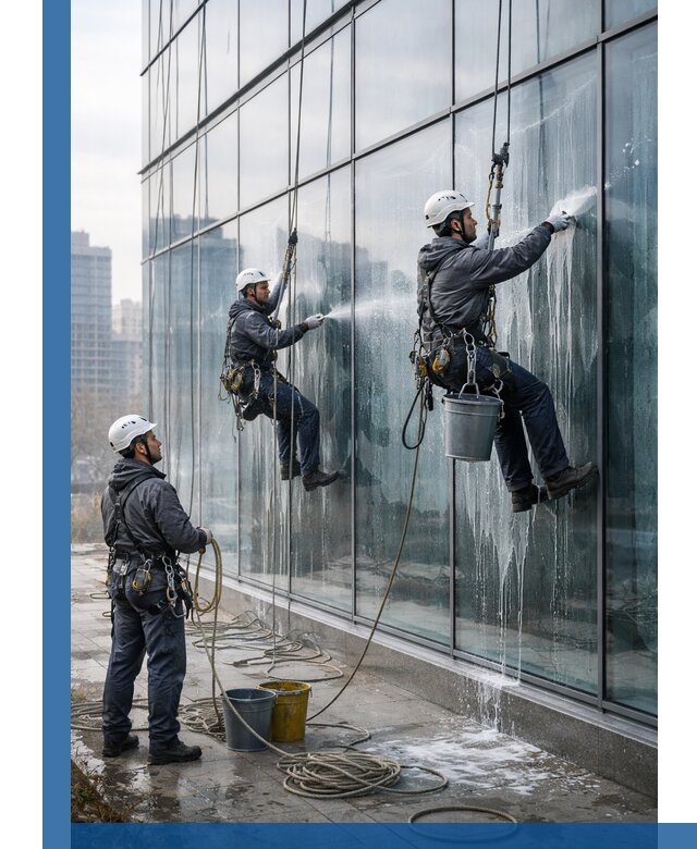 Промышленная мойка панорамных окон на высоте в Астрахани