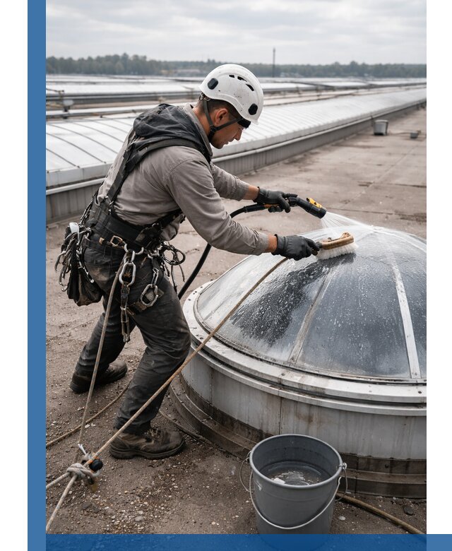 Мойка зенитных фонарей на кровле для промышленных объектов в Астрахани