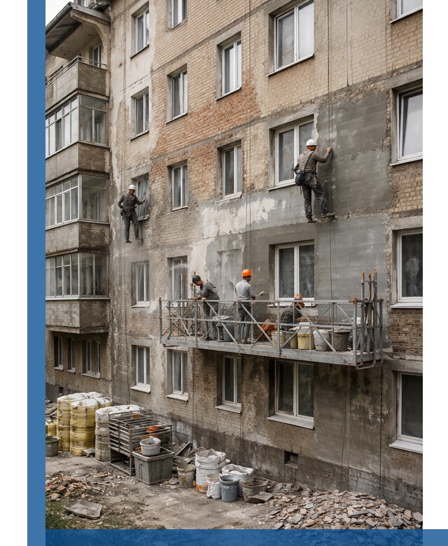 Капитальный ремонт фасада в Астрахани с восстановлением и гидроизоляцией