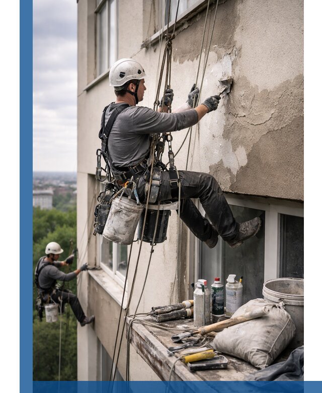 Косметический ремонт фасада зданий в Астрахани промышленными альпинистами