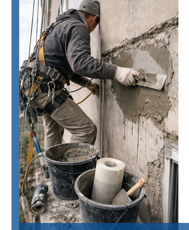 Ремонт бетонных элементов фасада промышленными альпинистами в Астрахани