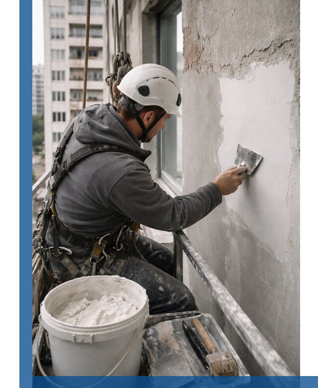 Шпаклевка фасадов на высоте с промальпинистами в Астрахани