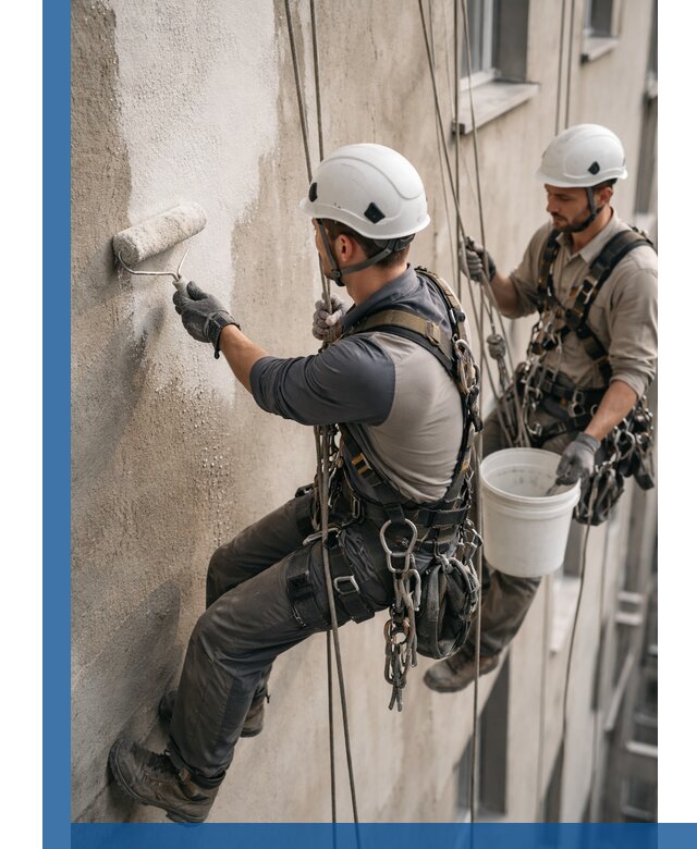 Грунтовка фасада на высоте в Астрахани промышленными альпинистами