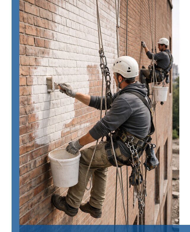 Покраска кирпичного фасада с доступным альпинистским сервисом в Астрахани