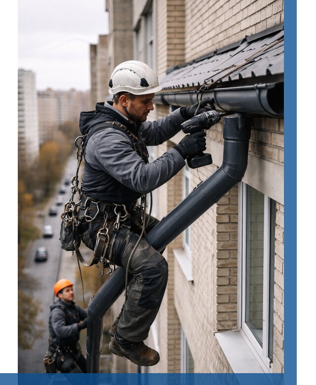 Монтаж водосточной системы на здании в Астрахани от 5138 р. | ВЫСОТНИК-Стр