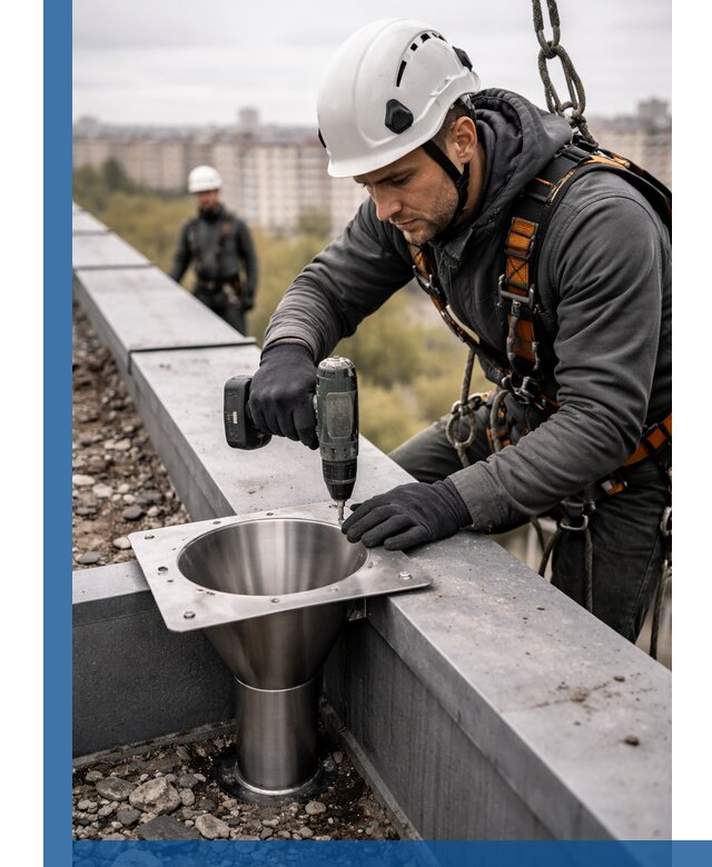 Монтаж водосточных воронок в Астрахани для промышленных зданий