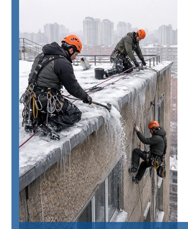 Удаление наледи с кровли в Астрахани промышленными альпинистами