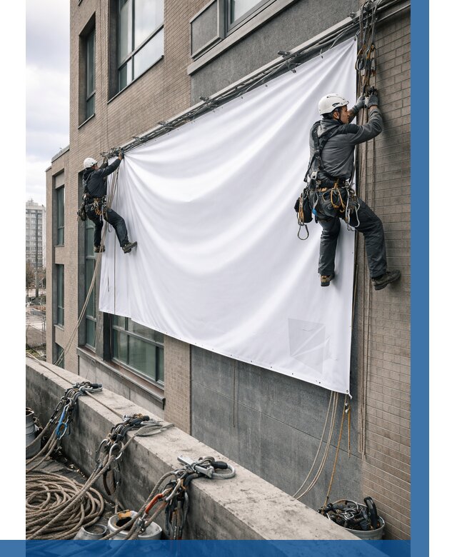 Монтаж баннеров на фасаде в Астрахани от 668 р. заказать ВЫСОТНИК-Стр