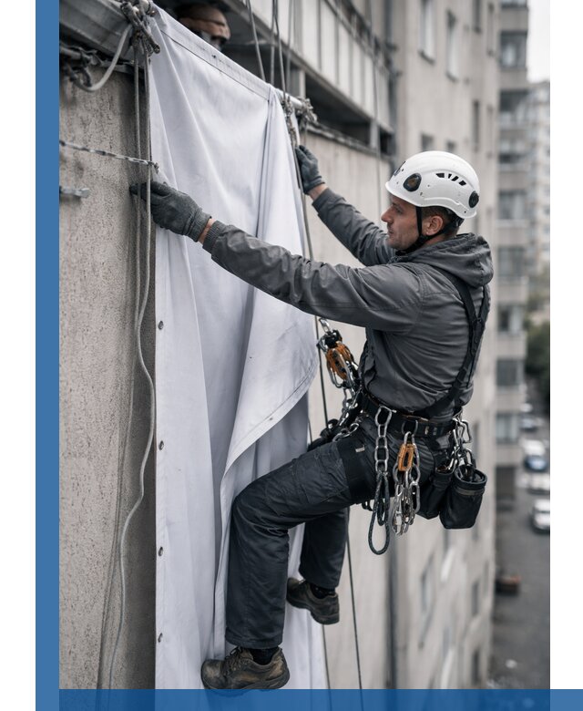 Замена баннерного полотна промышленными альпинистами в Астрахани