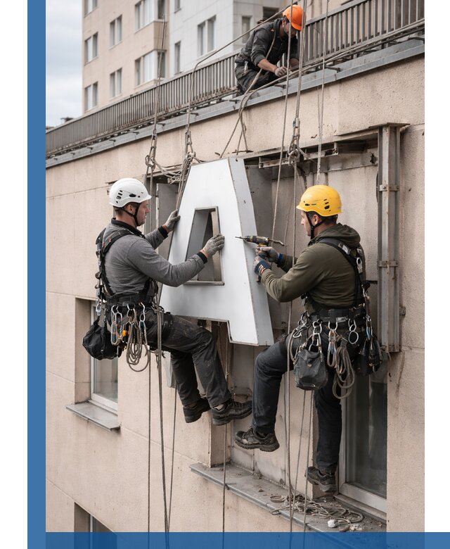 Ремонт и восстановление наружных вывесок на высоте в Астрахани