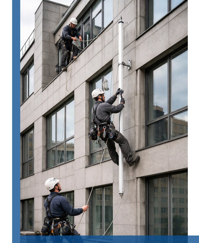 Монтаж флагштока на фасаде здания с креплением и герметикой в Астрахани