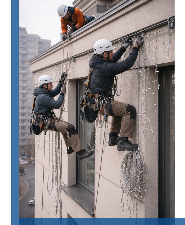 Монтаж праздничных гирлянд на фасаде в Астрахани для зданий