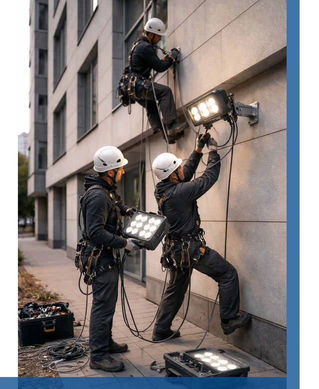 Монтаж прожекторов на фасаде в Астрахани от 7707 р. | ВЫСОТНИК-Стр