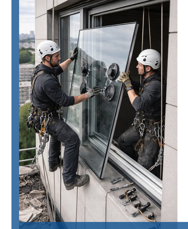 Замена стеклопакетов на высоте с промышленными альпинистами в Астрахани
