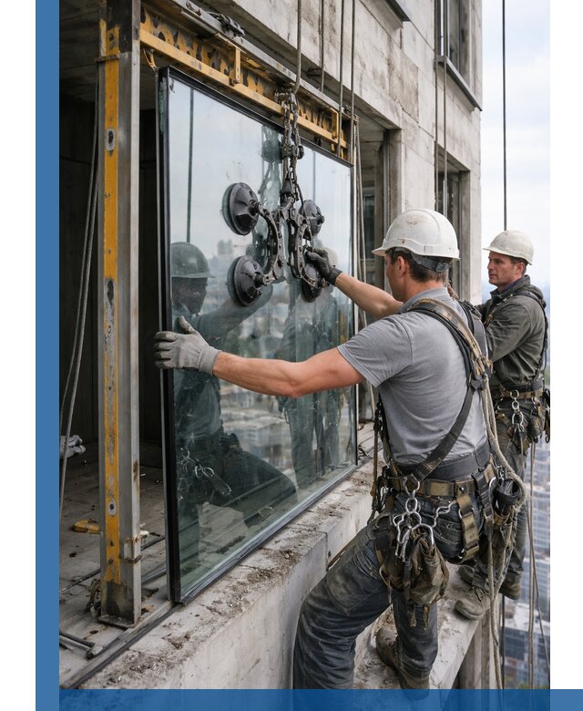 Монтаж стеклопакетов на высоте в Астрахани с промышленным альпинизмом