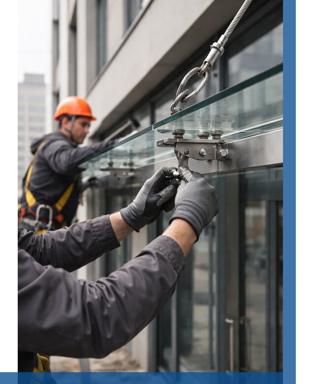 Монтаж стеклянных козырьков в Астрахани от 8735 р. | ВЫСОТНИК-Стр