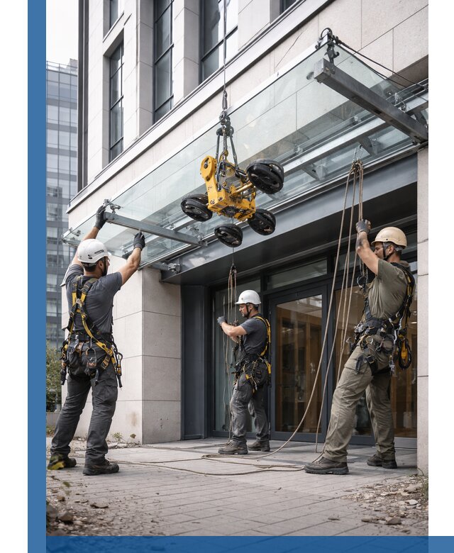 Монтаж стеклянных козырьков под ключ в Астрахани для зданий