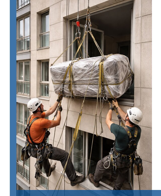 Подъем грузов через окно в Астрахани промышленными альпинистами