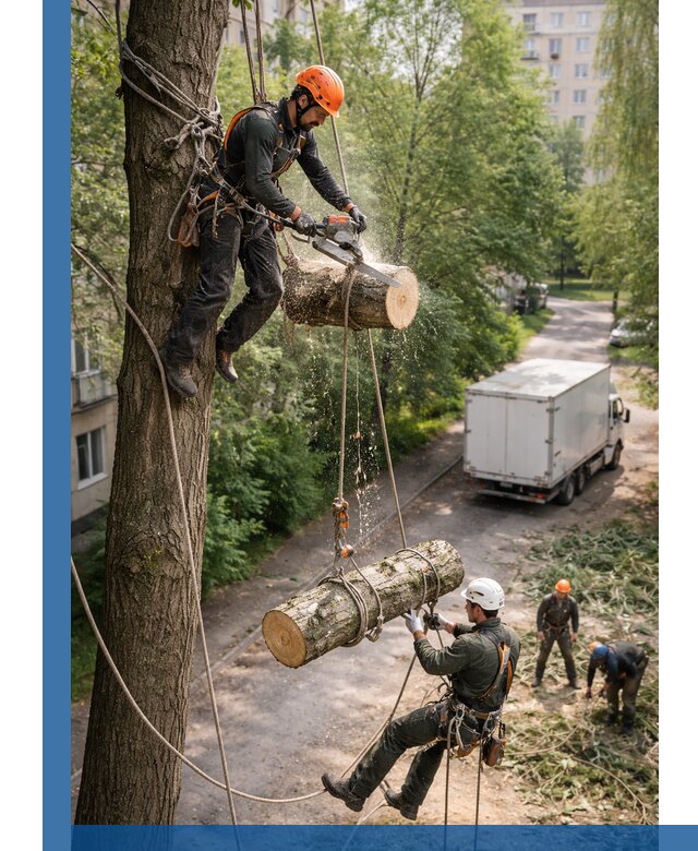 Спил деревьев альпинистами в Астрахани, безопасно и без повреждений