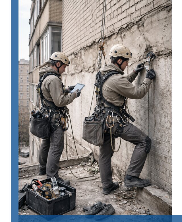 Обследование фасада промышленными альпинистами в Астрахани